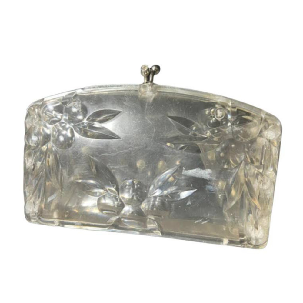 Vintage Clear Lucite and Rhinestone Carved Leaf and Berry Design